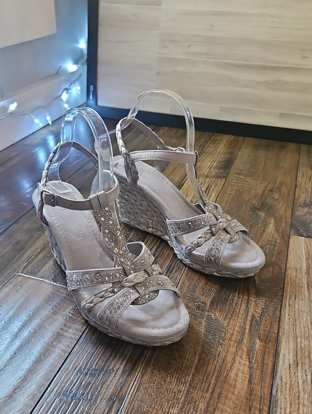 IMPO Women's Shimmery Silvery Gray Embellished Woven Espadrille Wedge Sandals